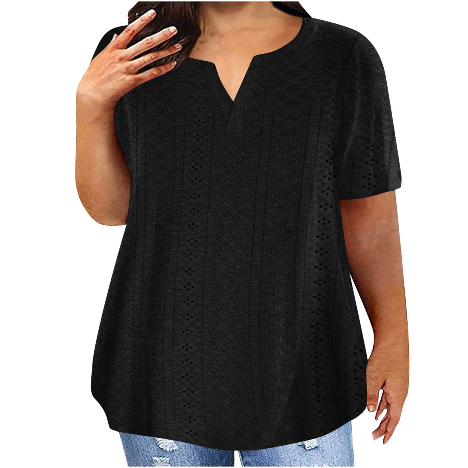 Plus Size Eyelet Round Neck Short Sleeve Blouse