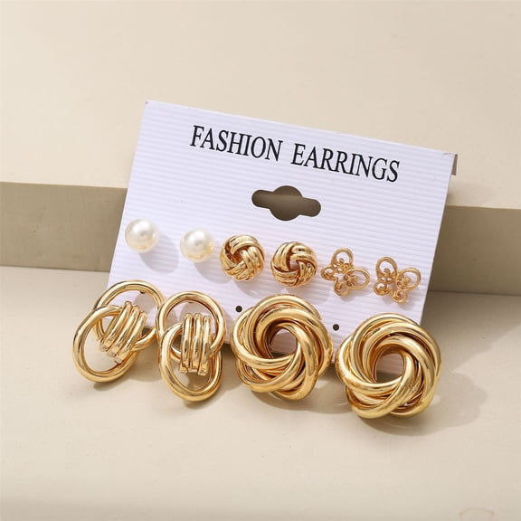 Teissuly Retro Metal Circle Ladies Jewelry Geometric Pearl Earrings 5-piece Set