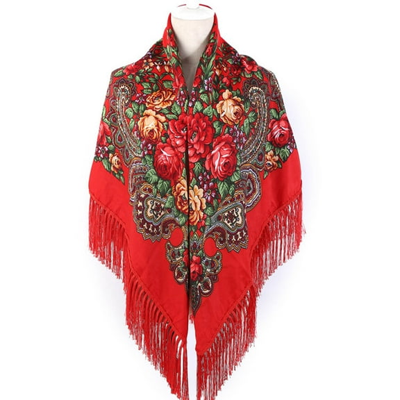 Teissuly Russian Babushka Women's Scarf Shawl Wrap Oversized Traditional Retro Ukraine Style Printed Tassels Scarfs
