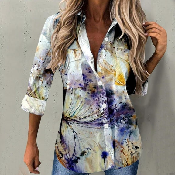 Teissuly Shirt Women Long Sleeve Blouse Blouse Printing Tops Bussiness Casual Lapel Tops
