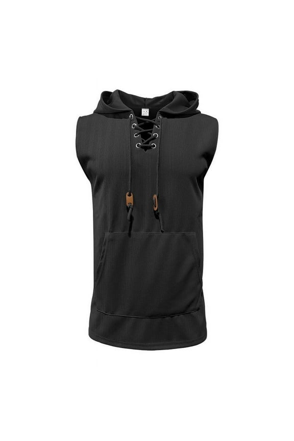 Summer Thin Men's Casual Hooded Solid Color Lace Up Sleeveless Hooded Top