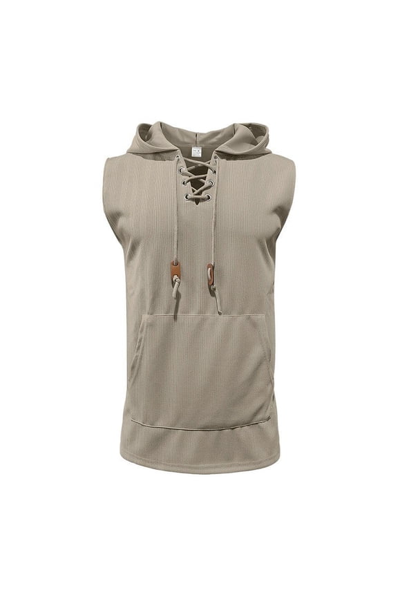 Summer Thin Men's Casual Hooded Solid Color Lace Up Sleeveless Hooded Top