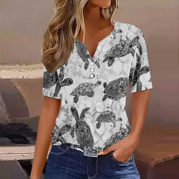 Teissuly Summer Tops For Women Vacation Trendy V Neck Short Sleeve Shirts Casual Loose Spring Vintage Floral Print Comfy Tunic Clothes