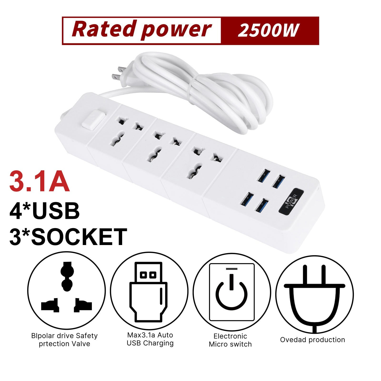 Teissuly Surge Protector Power Strip with USB Ports, 5.9ft Extension