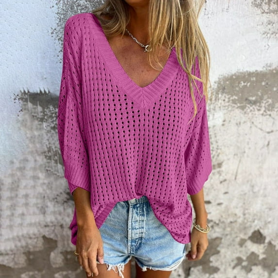 Teissuly T-shirt For Women With Hollowed Out Outer Layer Long Sleeved Knitted Mountain Lazy Style Design V-neck Knit Sweater