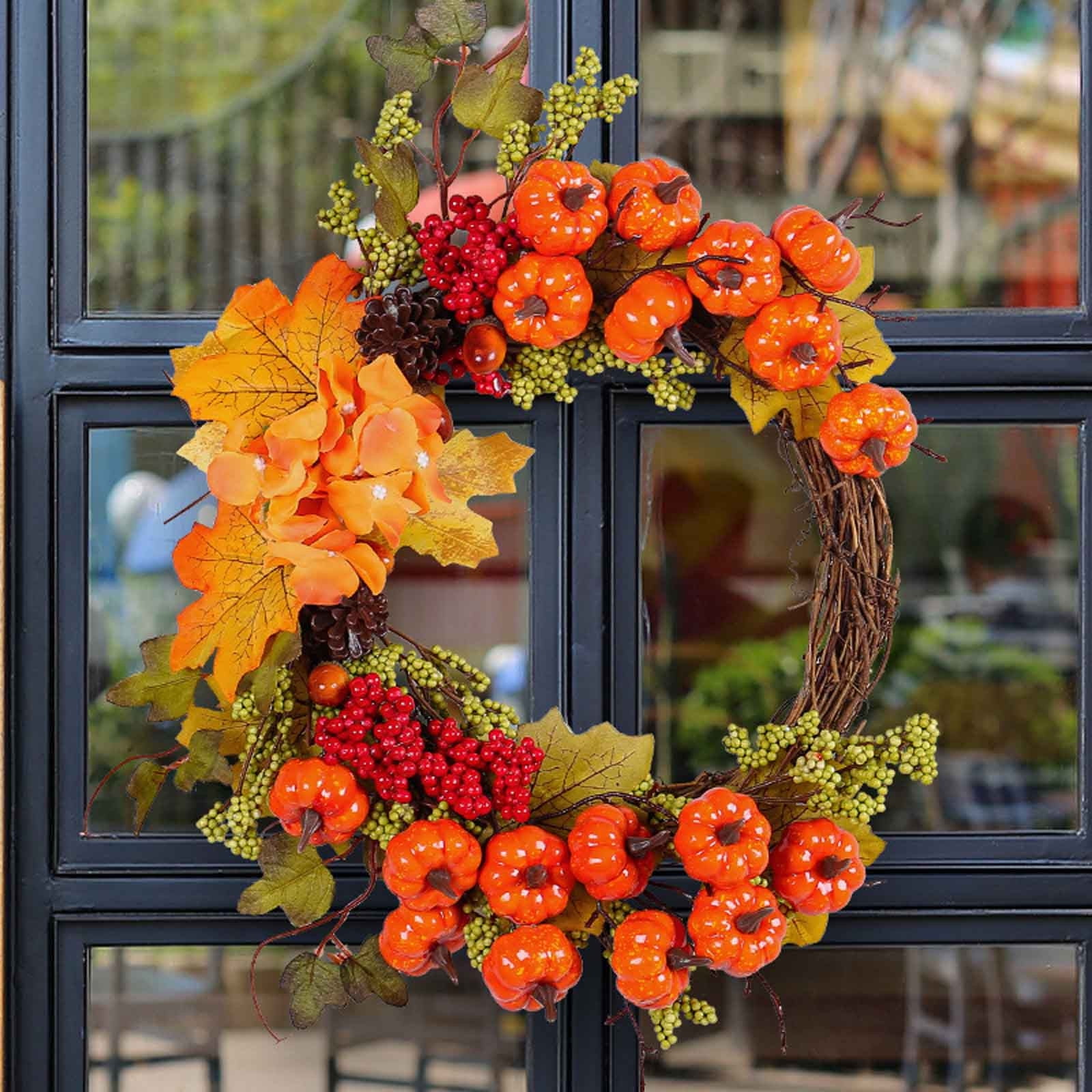 Teissuly Thanksgiving Artificial Garland Fall Pumpkin Rattan Wreath Door Hanging Season Festival