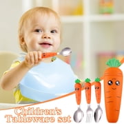 Teissuly Toddler Utensils, 3PC Travel Cutlery Set, Kids Spoon, Fork, Scraper Self-Feeding, Carrot Child Flatware Sets, Stainless Steel Baby Silverware, Complementary Food Weaning, Home And School Use
