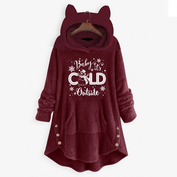 Teissuly Woman's Casual Christmas Printing Plush Buttons Long Sleeve Hooded Plush Coat Top