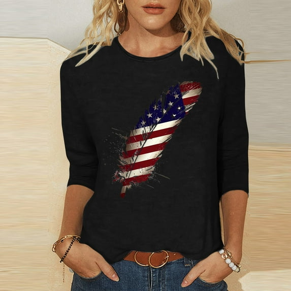 Teissuly Women 3/4Sleeves Casual Shirts Pullover Loose Tunic Tops Print Blouse