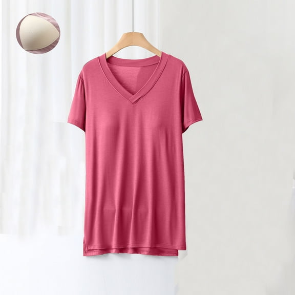 Teissuly Women Blouse Plain Casual Fashion V-Neck Regular Short Sleeve Pajama Tops