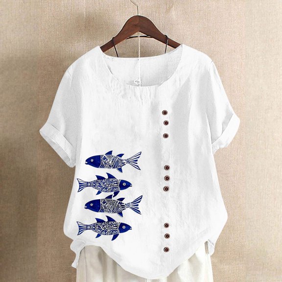 Teissuly Women Casual Cotton And Linen Top Ocean Fish Printed Short Sleeve Button Tunic T-shirt Blouse Tops