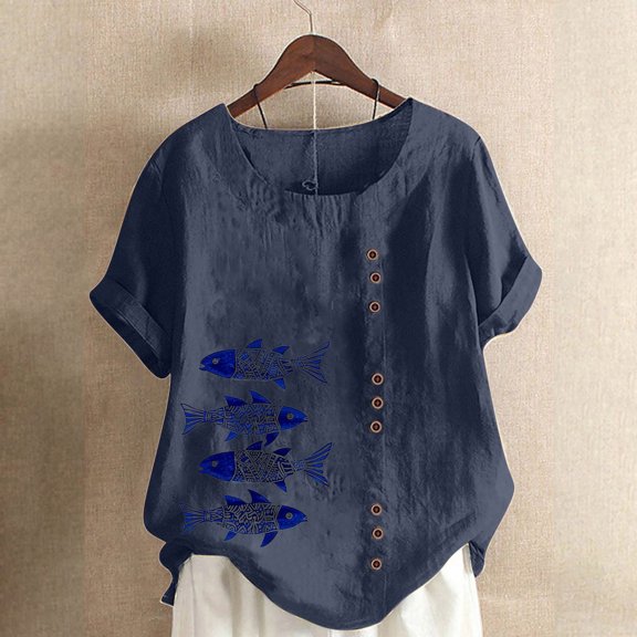 Teissuly Women Casual Cotton And Linen Top Ocean Fish Printed Short Sleeve Button Tunic T-shirt Blouse Tops