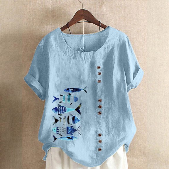 Teissuly Women Casual Cotton And Linen Top Ocean Fish Printed Short Sleeve Button Tunic T-shirt Blouse Tops