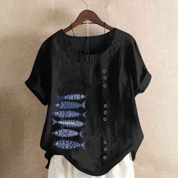 Teissuly Women Casual Cotton And Linen Top Ocean Fish Printed Short Sleeve Button Tunic T-shirt Blouse Tops