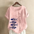 thumbnail image 1 of Teissuly Women Casual Cotton And Linen Top Ocean Fish Printed Short Sleeve Button Tunic T-shirt Blouse Tops, 1 of 4