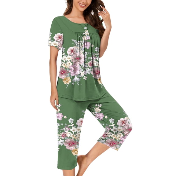 Teissuly Women Casual Round Neck Short Sleeve Blouse Fashion Pants Pajamas Suit