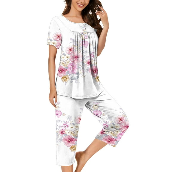 Teissuly Women Casual Round Neck Short Sleeve Blouse Fashion Pants Pajamas Suit