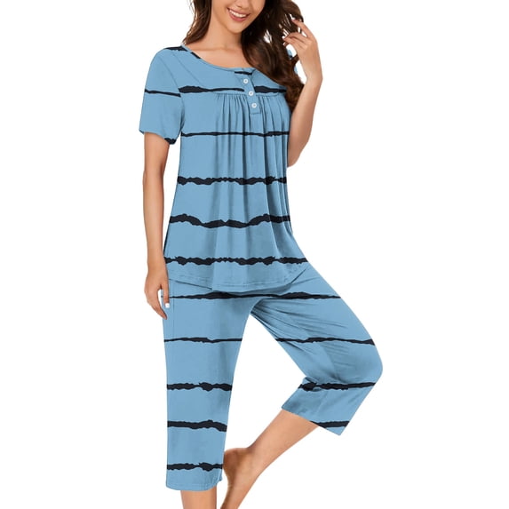 Teissuly Women Casual Round Neck Short Sleeve Blouse Fashion Pants Pajamas Suit
