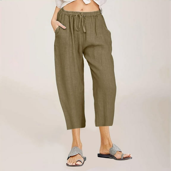 Teissuly Women Casual Solid Cotton Linen Drawstring Elastic Waist Wide Leg Pants Cropped Trousers