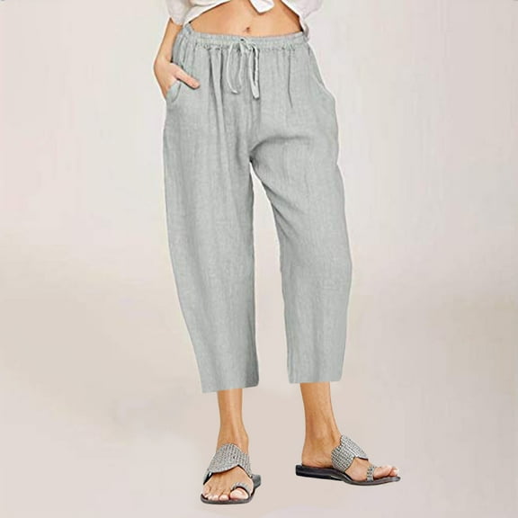 Teissuly Women Casual Solid Cotton Linen Drawstring Elastic Waist Wide Leg Pants Cropped Trousers