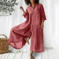 thumbnail image 1 of Teissuly Women Casual Solid Turn-down Collar Cotton Linen Romper Long Playsuit Zipper Jumpsuit, 1 of 6