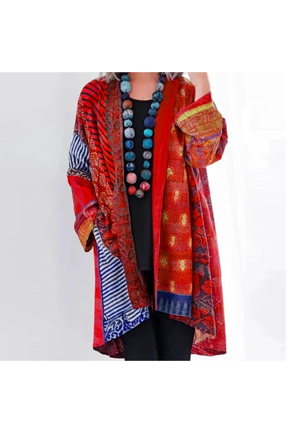 Women Fashion Casual Boho Print Shirt Coat Loose Long Sleeve Cardigan Pocket