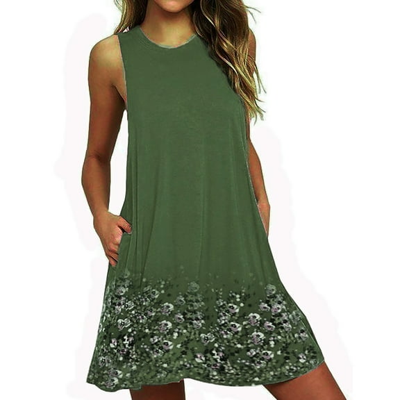 Teissuly Women Fashion Printing Pockets Sleeveless A-Line Casual Nightdress Dress