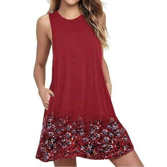 Teissuly Women Fashion Printing Pockets Sleeveless A-Line Casual Nightdress Dress