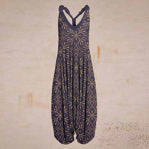 Teissuly Women Fashion Sexy Casual Vintage Print Backless V-Neck Sleeveless Playsuit Jumpsuit