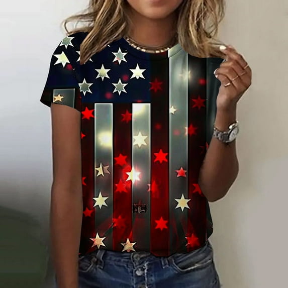 Teissuly Women Fashion Summer Casual Printed Round Neck Short Sleeves Tshirt Blouse