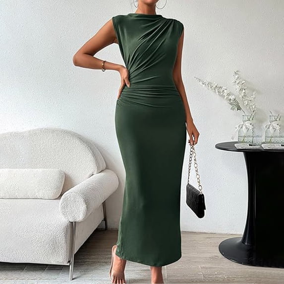 Teissuly Women Fashion Summer Floral Round Neck Sleeveless Pleats Split Back Waist Dresses