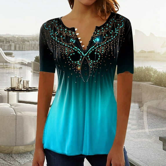 Teissuly Women Fashion Summer Sexy Fold Printed Regular Women Short Sleeves V Neck Button Top