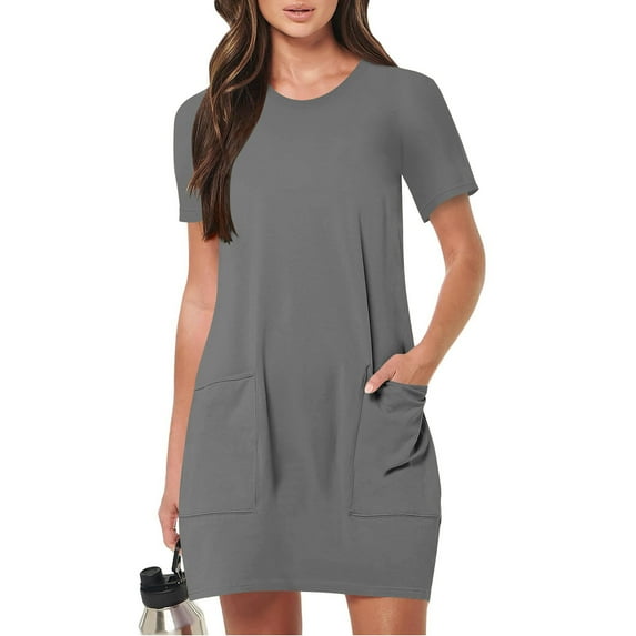 Teissuly Women Fashion Summer Solid Color Short Sleeve Round Neck Pocket Dress
