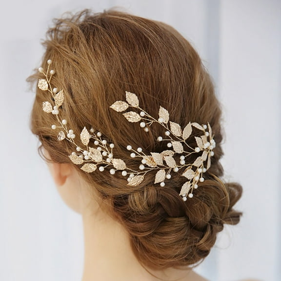 Teissuly Women Golden Alloy Leaf Bridal Headdress Beaded Wedding Hair Accessories