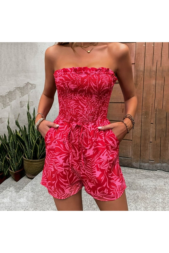 Women One Shoulder Sleeveless Elastic Printed Strapless Jumpsuit Shorts