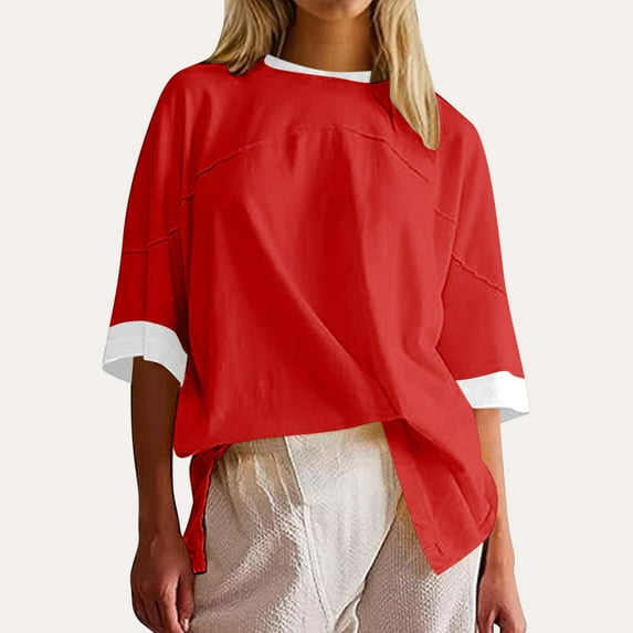 Teissuly Women Oversized Color Block Short Sleeve T Shirt Crewneck Patchwork Split Hem Shirt Casual Loose Summer Tee Top