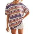 thumbnail image 1 of Teissuly Women Oversized T-Shirt Striped Short Sleeve V Neck Tee Shirt Casual Loose Drop Shoulder Summer Going Out Top, 1 of 7