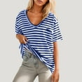 thumbnail image 1 of Teissuly Women Oversized T-Shirt Striped Short Sleeve V Neck Tee Shirt Casual Loose Drop Shoulder Summer Going Out Top, 1 of 9