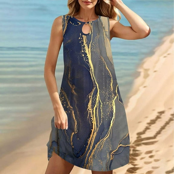 Teissuly Women Plus Size CasualPrinted Round-Neck Short Sleeve Loose Knee-Length Dres
