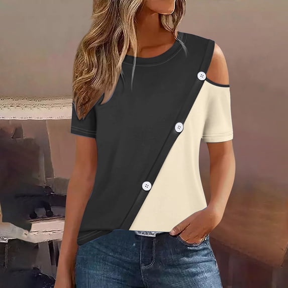 Teissuly Women'S 2024 Summer Casual And Comfortable Patchwork Color Cold Shoulder Button Splicing Short-Sleeved Round Neck Top/Shirt