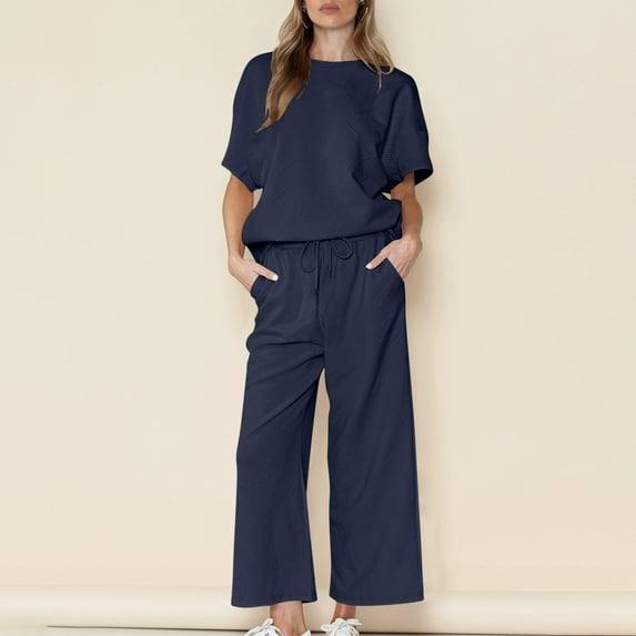 Teissuly Women'S Loose Solid Color Leisure Set Texture Drawstring Sports Set