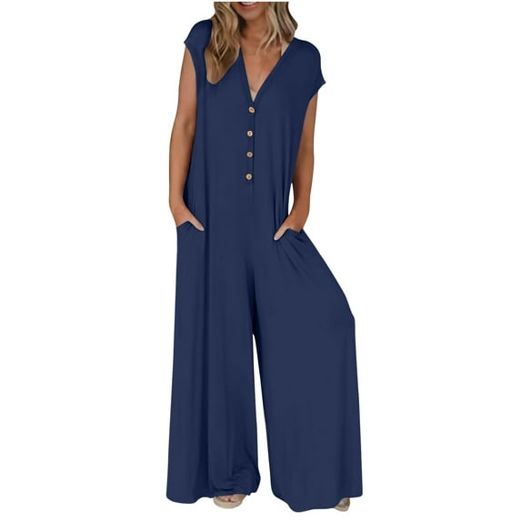 Teissuly Women'S Solid Color Short-Sleeved Casual Wide-Leg Jumpsuit With Button Pockets