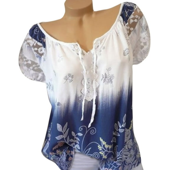 Teissuly Women Short Sleeve V-Neck Lace Printed Lace Tops Loose T-Shirt Blouse Tops