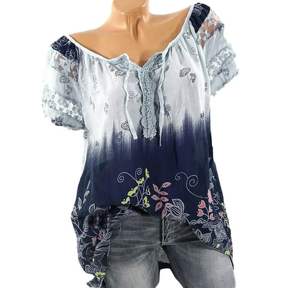 Teissuly Women Short Sleeve V-Neck Lace Printed Lace Tops Loose T-Shirt Blouse Tops