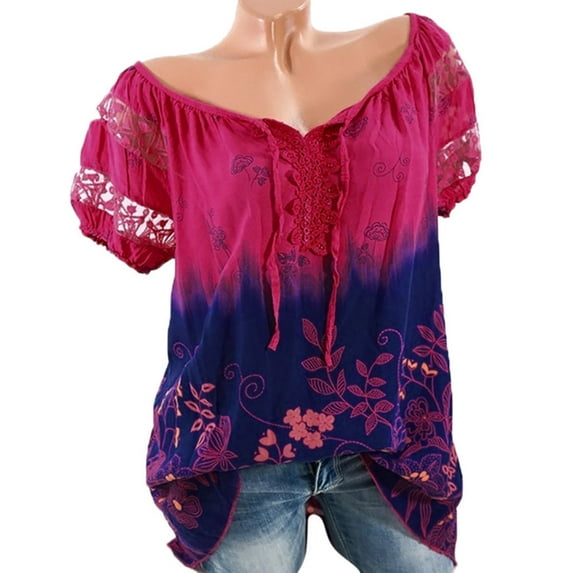 Teissuly Women Short Sleeve V-Neck Lace Printed Lace Tops Loose T-Shirt Blouse Tops