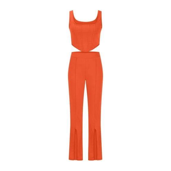 Teissuly Women Solid Color Temperament Sleeveless Tank Top Split Pants Fashion Casual Set