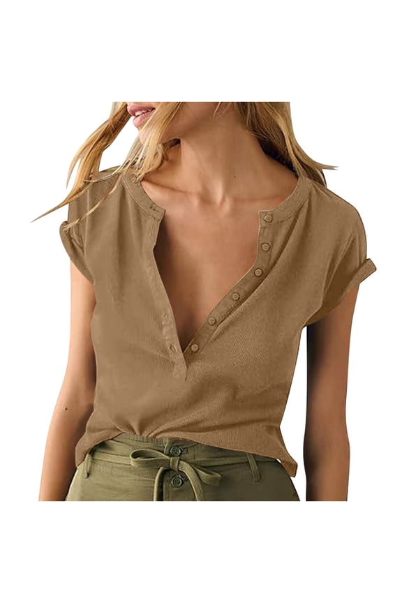 Women Solid Deep V Neck Low Cut Tops Casual Ribbed Knit T-Shirts Summer Short Sleeve Tees Tops