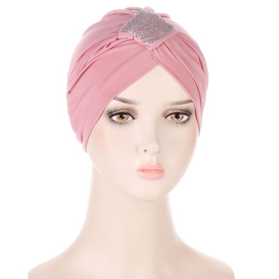 Teissuly Women Solid Rhinestone India Muslim Ruffle Chemo Hat Wraps Turbans Beanie Cap Headwraps