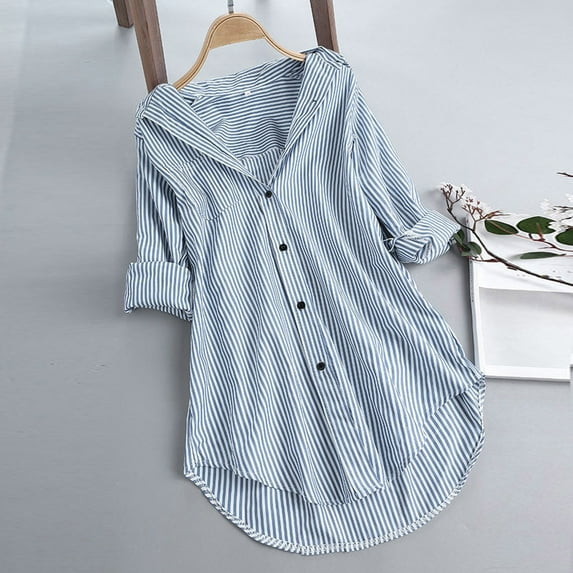 Teissuly Women Stripe Long Sleeve Turn-down Collar Button Loose Top Blouse