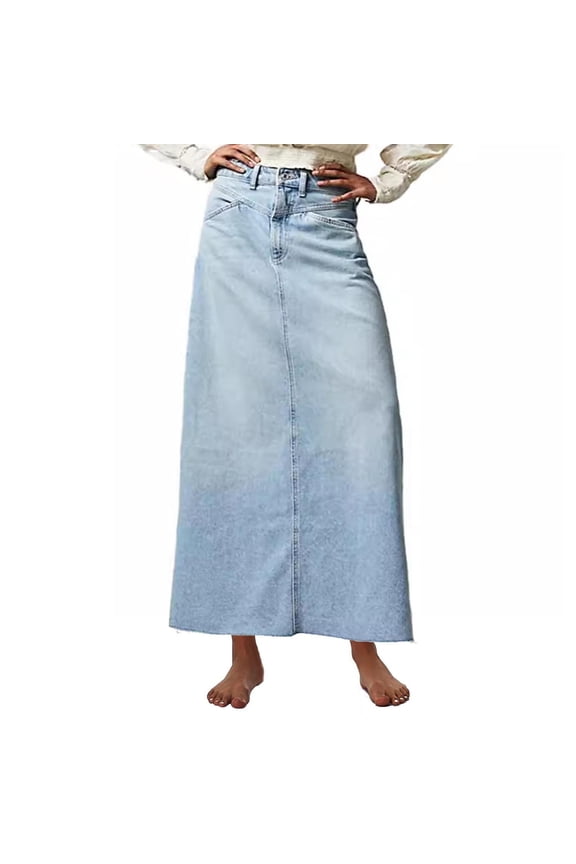 Women Trendy Denim Maxi Skirt High Waist A-Line Frayed Hem Loose Long Jean Skirt Streetwear